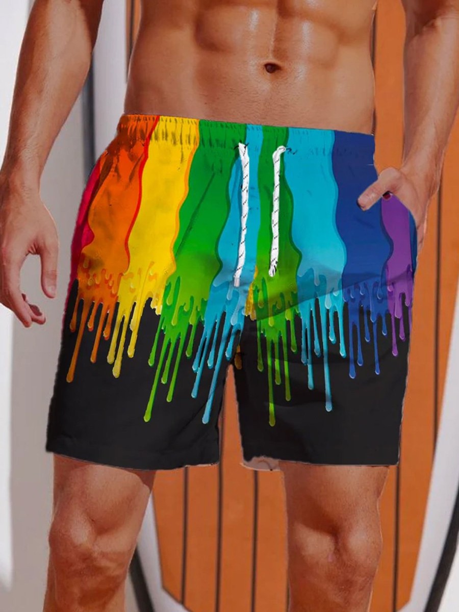 Men HLJ Shorts | Rainbow Funny Paint Splatter Hawaiian Shorts Black