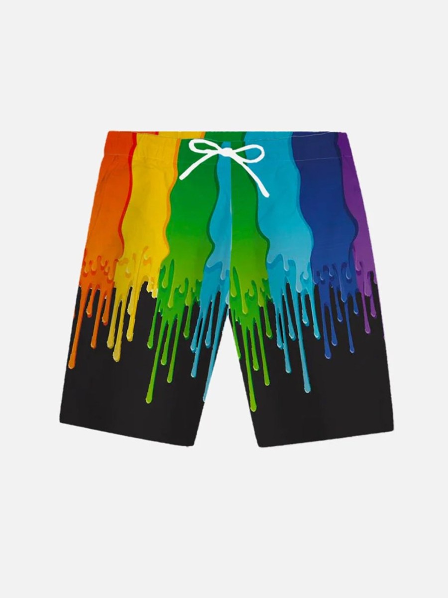 Men HLJ Shorts | Rainbow Funny Paint Splatter Hawaiian Shorts Black