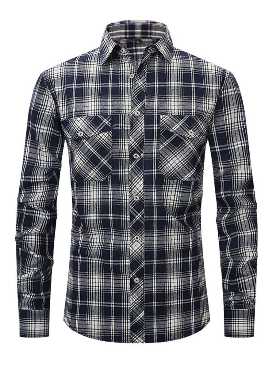 Men DJ Casual Long Sleeve Shirts | Brushed Plaid Lapel Single-Breasted Long-Sleeved Shirt