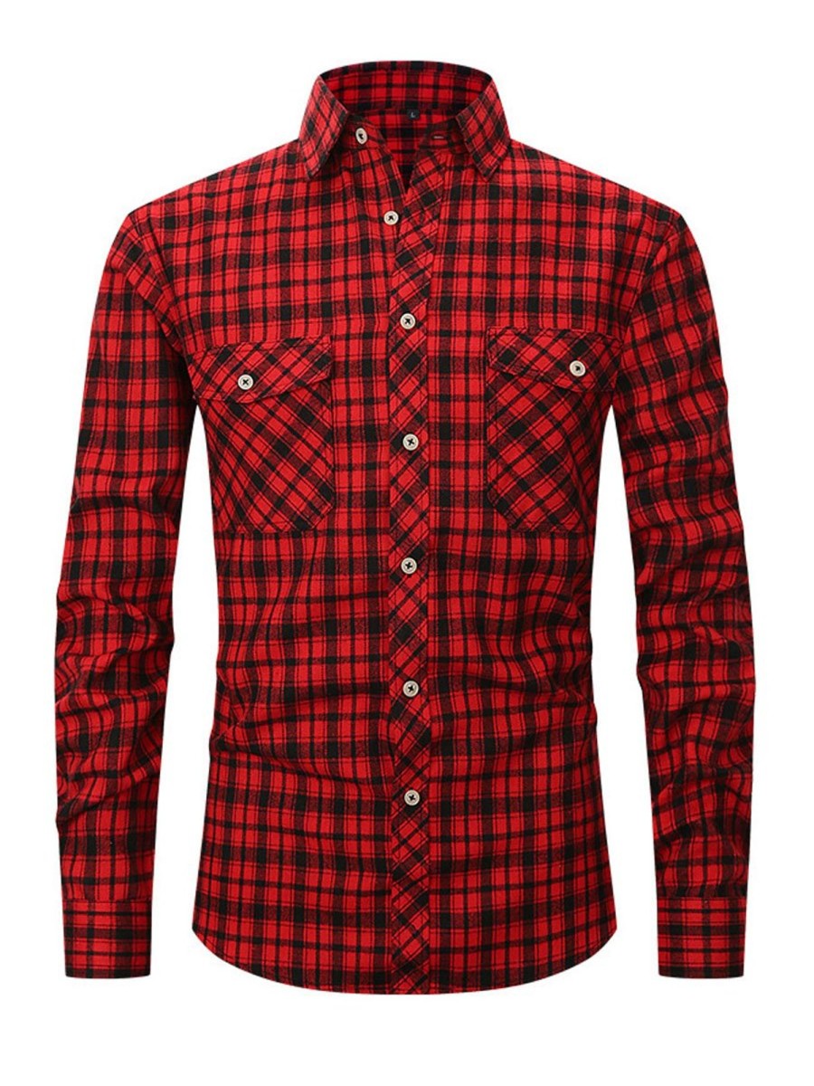 Men DJ Casual Long Sleeve Shirts | Brushed Plaid Lapel Single-Breasted Long-Sleeved Shirt