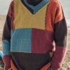 Men DJ Sweater | V-Neck Vintage Color Block Knit Pullover Photo Color