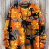 Men LJC Print Sweater | Pumpkin Cat Print Casual Knit Pullover Photo Color