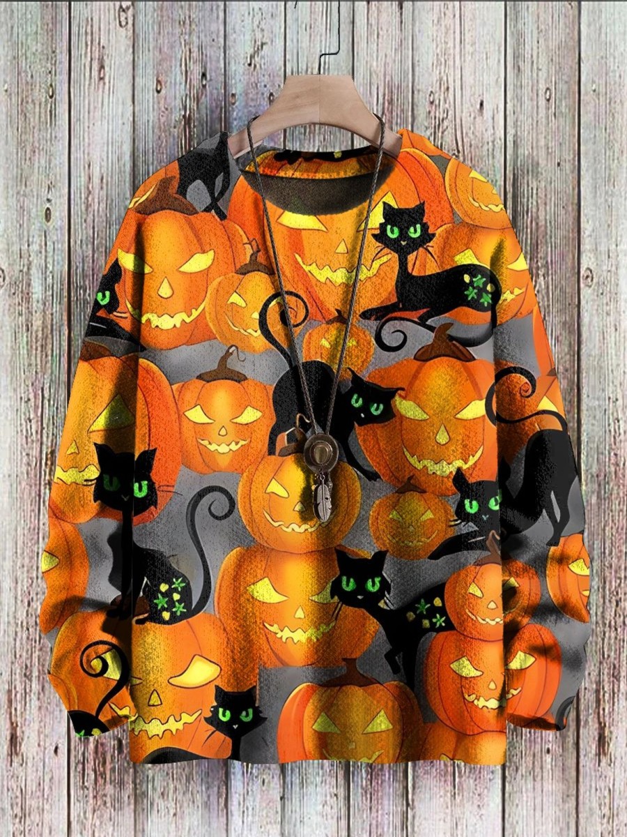 Men LJC Print Sweater | Pumpkin Cat Print Casual Knit Pullover Photo Color