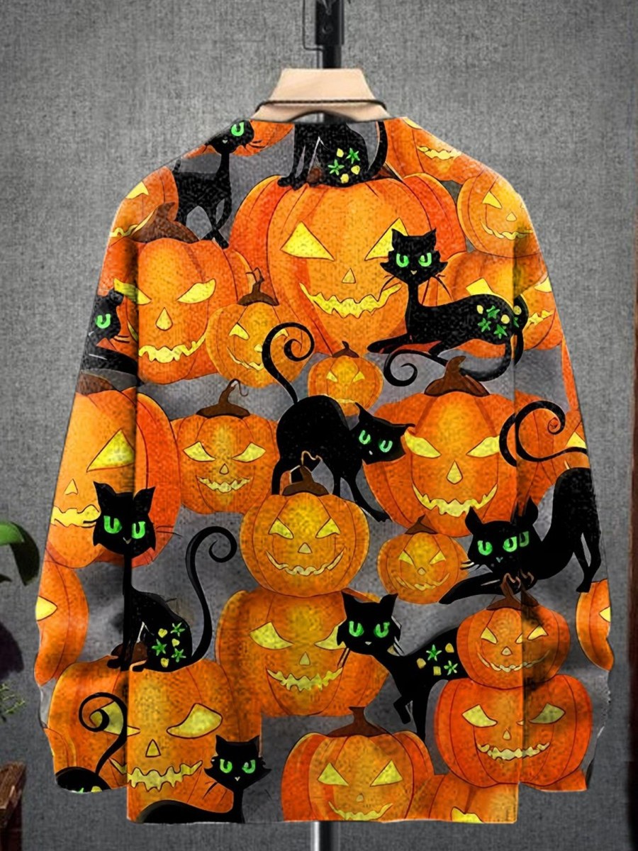 Men LJC Print Sweater | Pumpkin Cat Print Casual Knit Pullover Photo Color