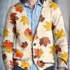 Men BXL Print Cardigan | Men'S Casual Maple Button V-Neck Woolen Cardigan Khaki