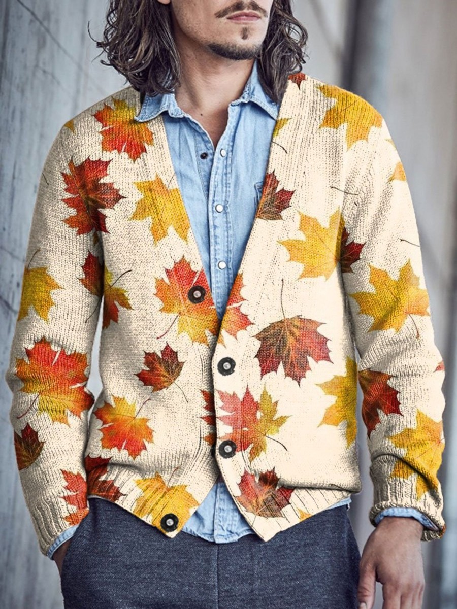 Men BXL Print Cardigan | Men'S Casual Maple Button V-Neck Woolen Cardigan Khaki