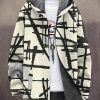 Men DJ Print Jacket | Unisex Retro Line Printed Hooded Pocket Velvet Jacket Cardigan Beige