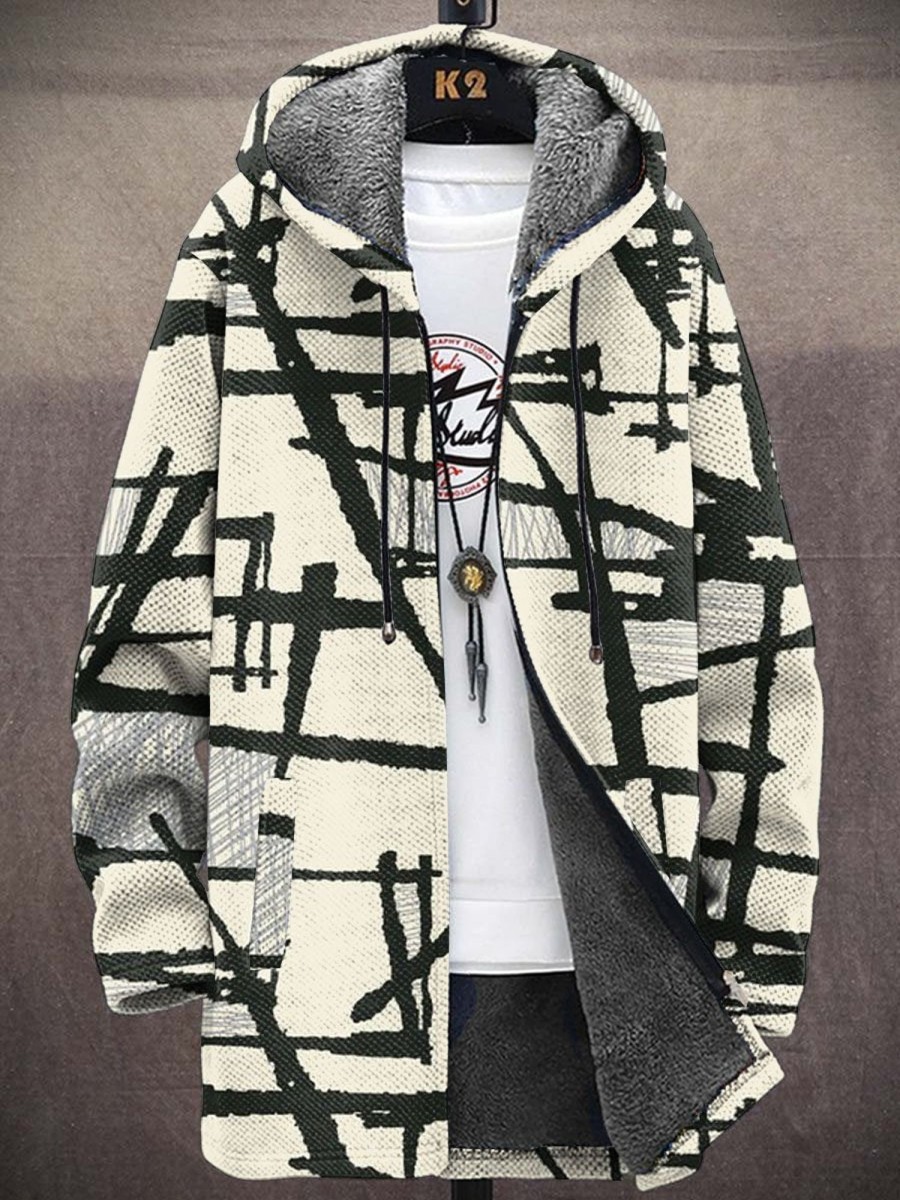 Men DJ Print Jacket | Unisex Retro Line Printed Hooded Pocket Velvet Jacket Cardigan Beige