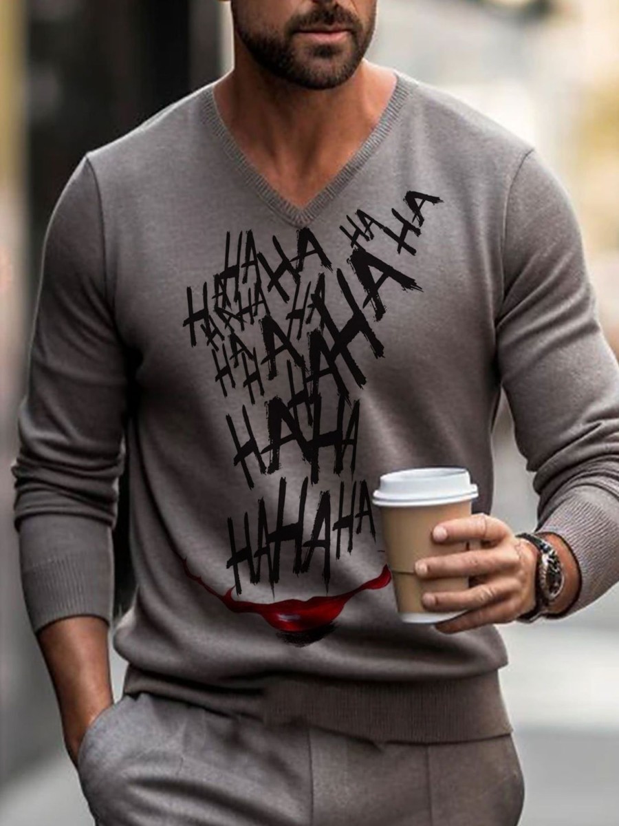 Men BXL Print Sweater | Men'S Casual Loose Haha Joker Print V-Neck Pullover Sweater 82499023Xl Gray