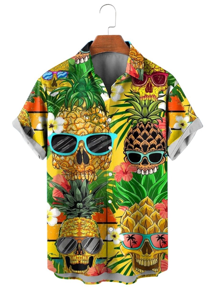 Men HLJ Shirts | Hawaiian Vacation Pineapple Skull Short Sleeve Shirt Yellow