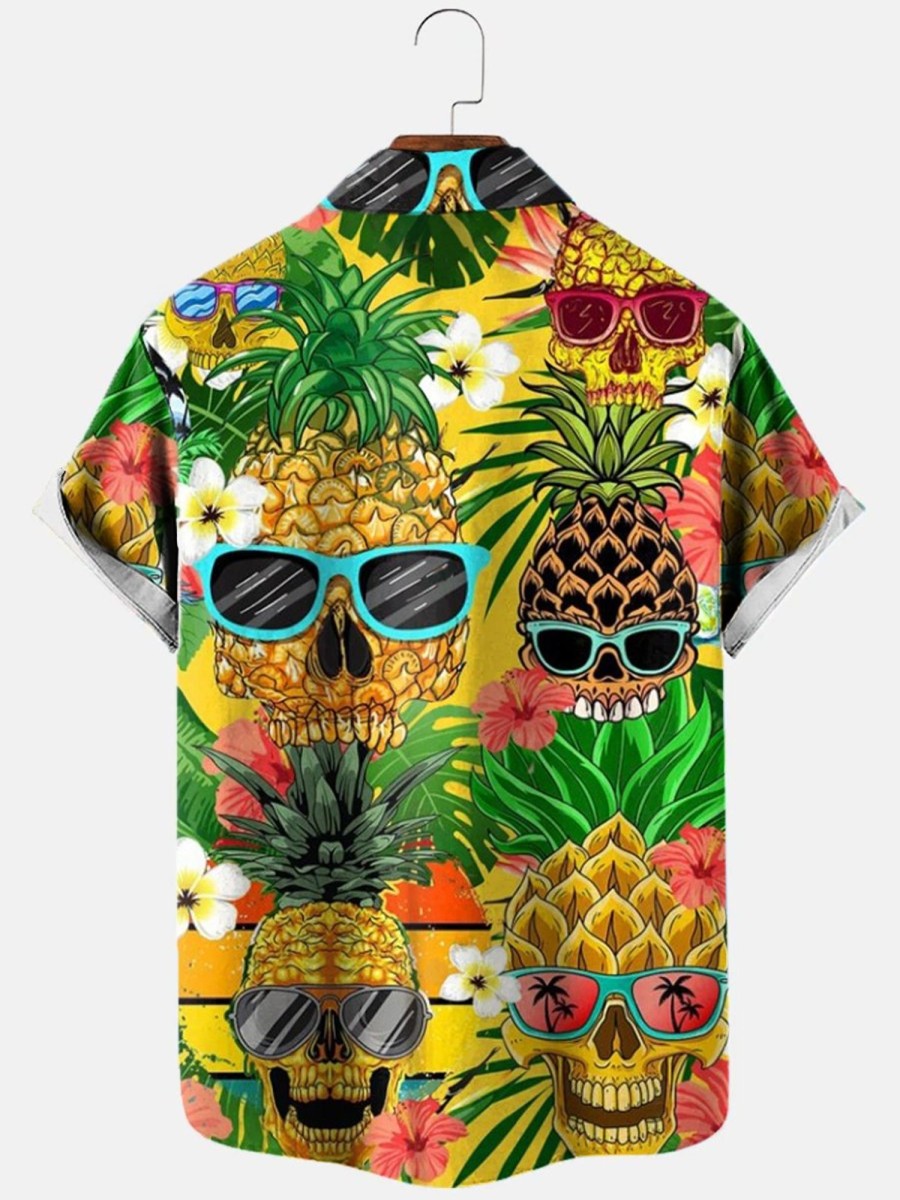 Men HLJ Shirts | Hawaiian Vacation Pineapple Skull Short Sleeve Shirt Yellow