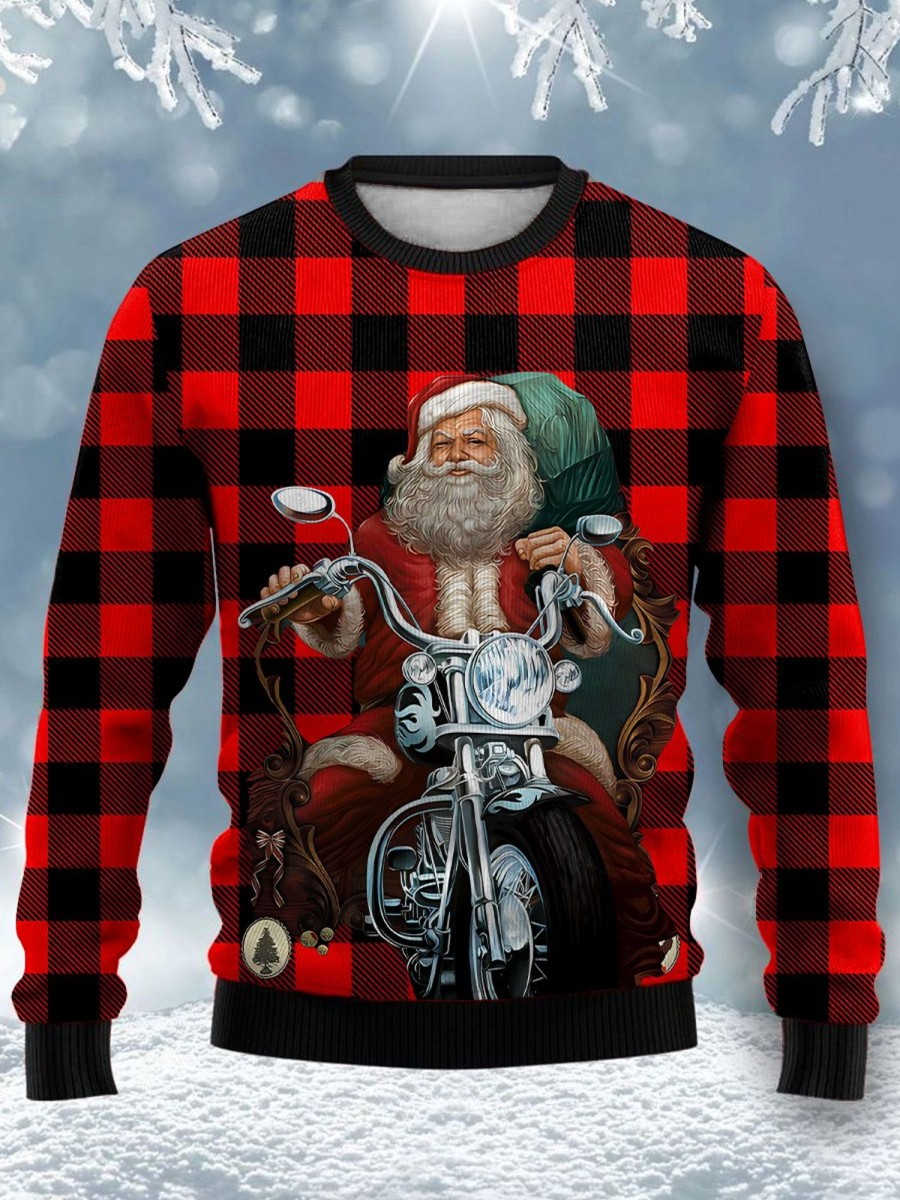 Men GYJ Ugly Sweater | Santa Check Print Casual Crew Neck Sweatshirt Red