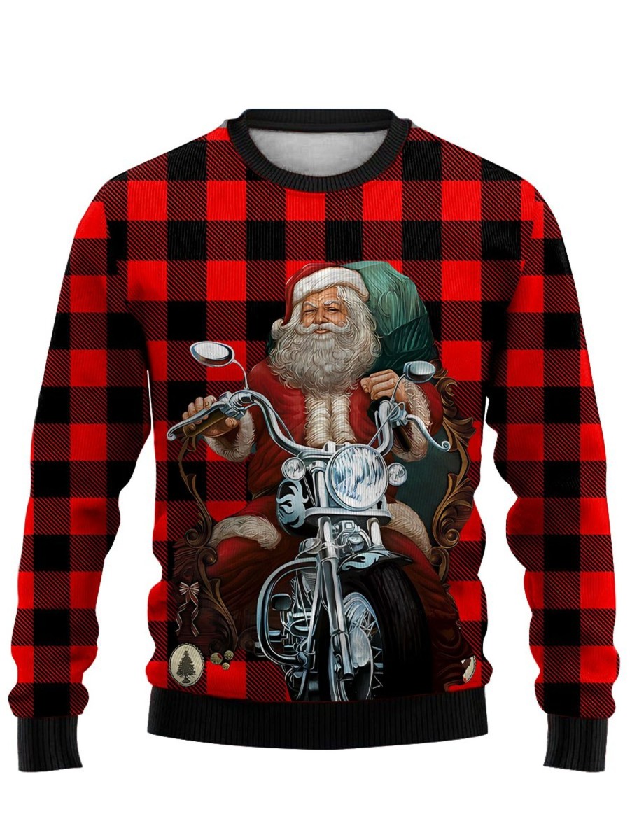 Men GYJ Ugly Sweater | Santa Check Print Casual Crew Neck Sweatshirt Red