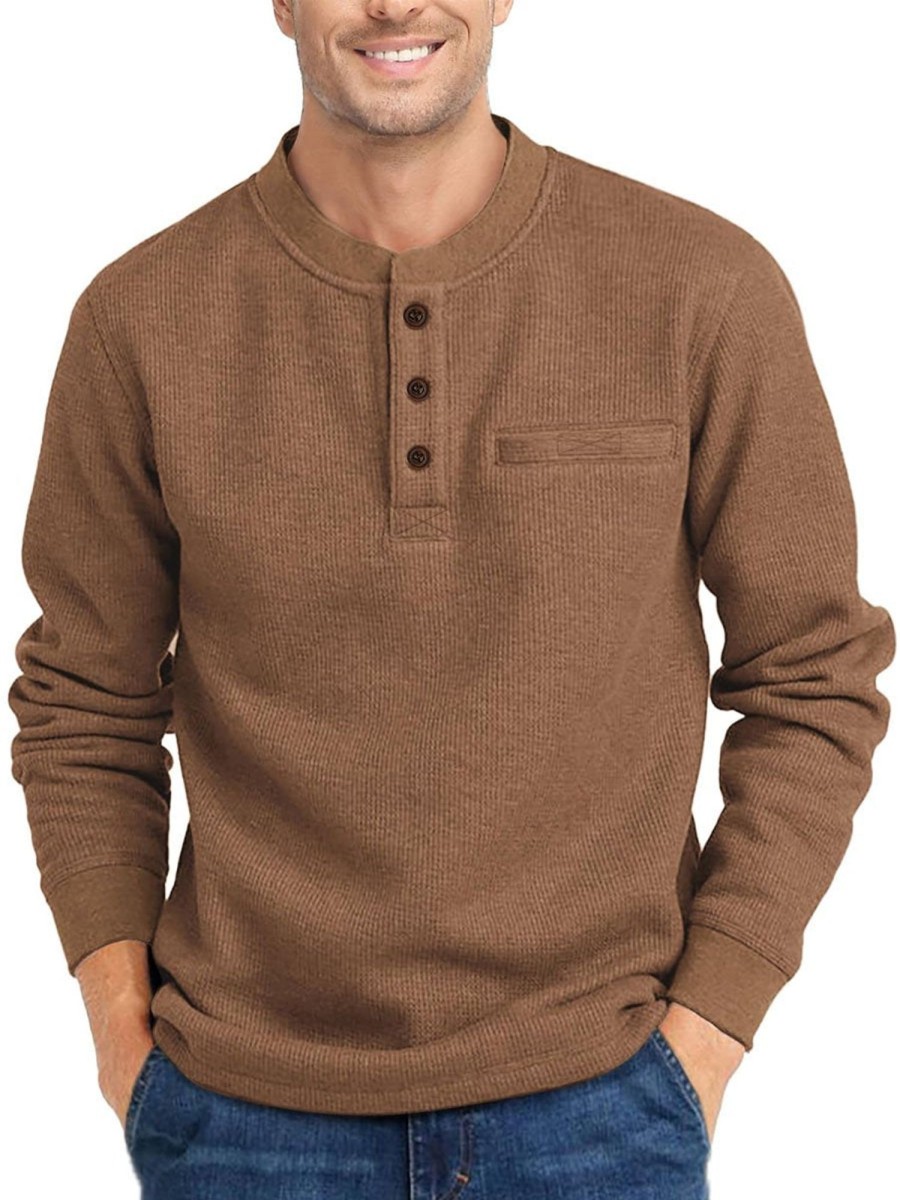 Men DJ Casual Hoodie | Vintage Solid Henley Collar Casual Sweatshirt Brown