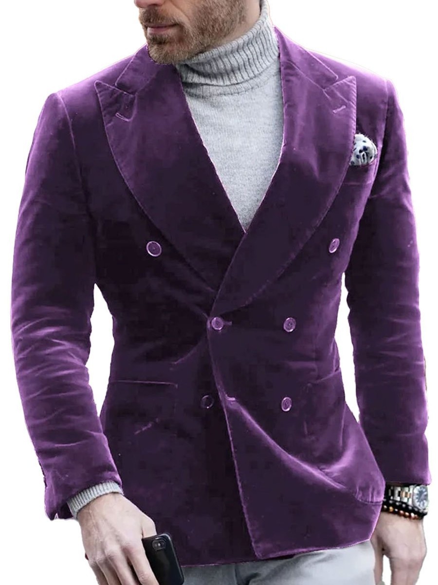 Men BXL Jacket | Vintage Velvet Double-Breasted Blazer Purple