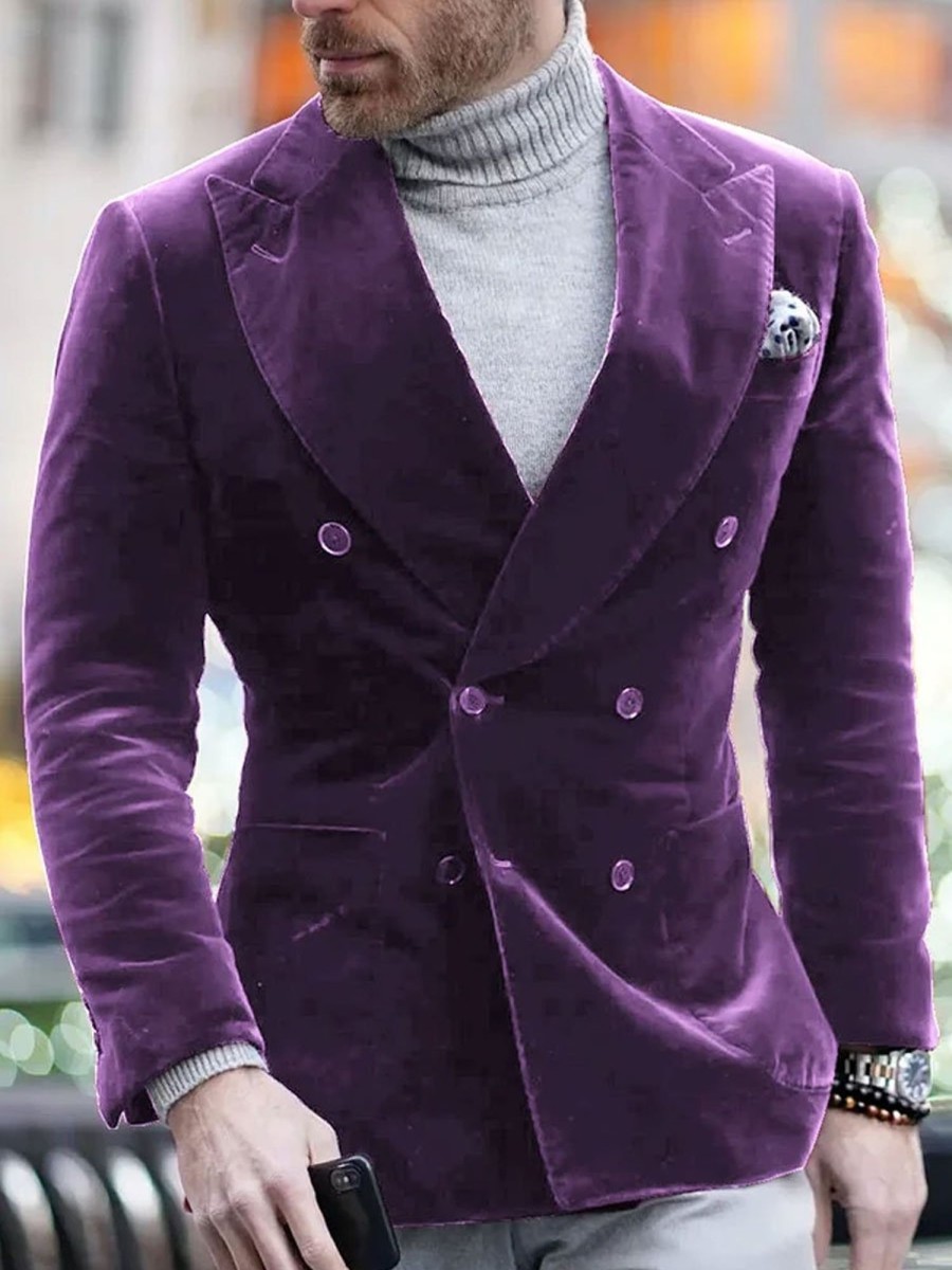 Men BXL Jacket | Vintage Velvet Double-Breasted Blazer Purple