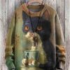 Men GYJ Print Sweater | Men'S Vintage Drinking Cat Pattern Knit Pullover Photo Color