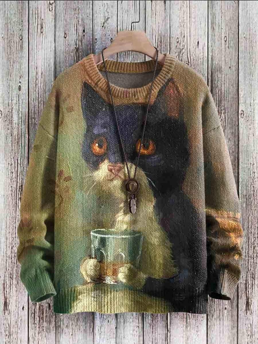 Men GYJ Print Sweater | Men'S Vintage Drinking Cat Pattern Knit Pullover Photo Color