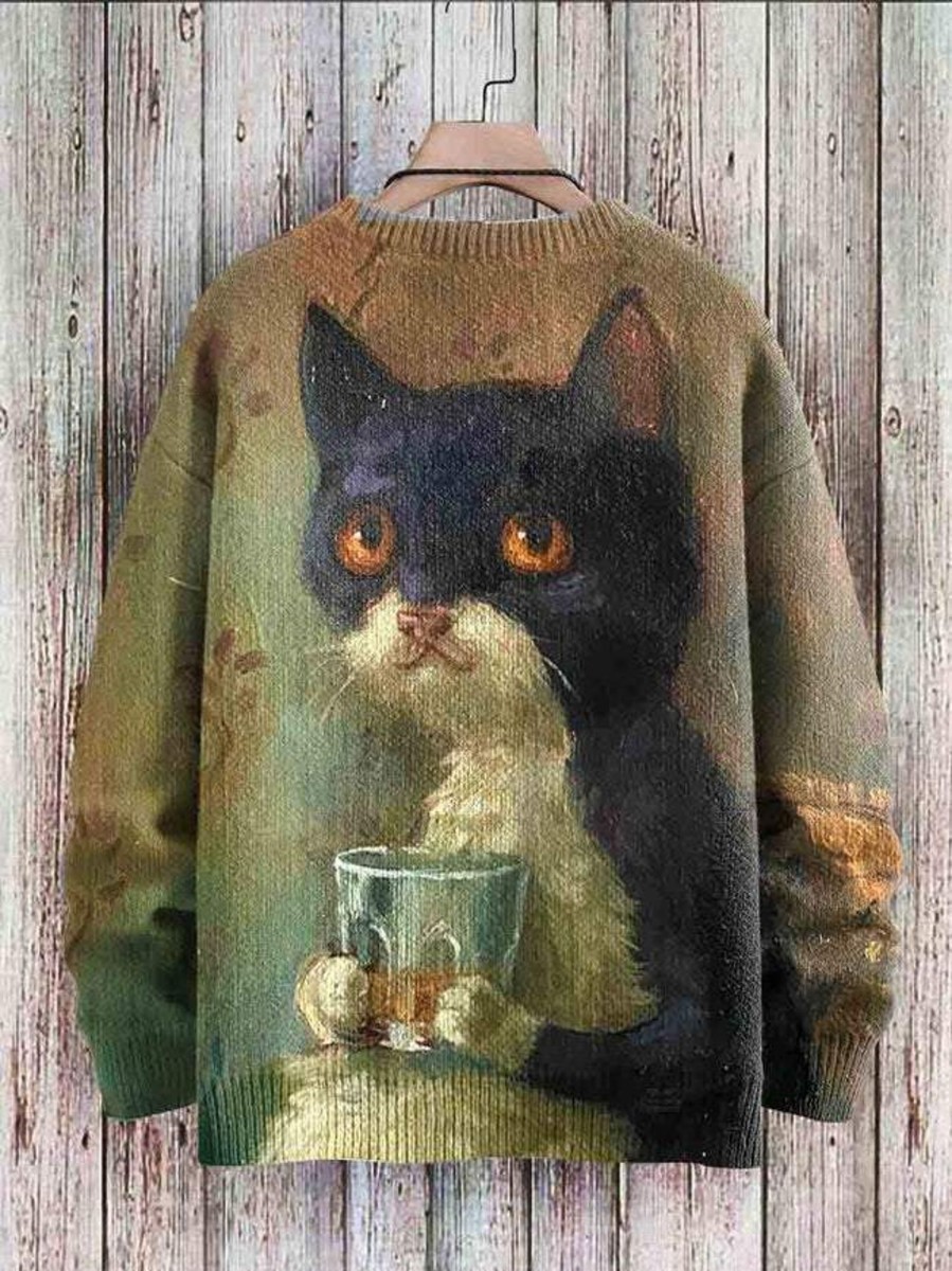 Men GYJ Print Sweater | Men'S Vintage Drinking Cat Pattern Knit Pullover Photo Color