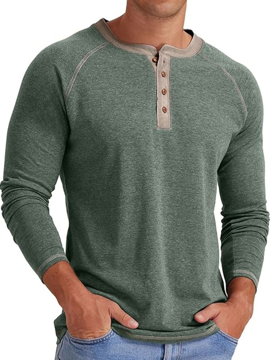 Men BXL Casual Shirts | Men'S Semi-Round Neck Casual Long-Sleeved T-Shirt Gray Green