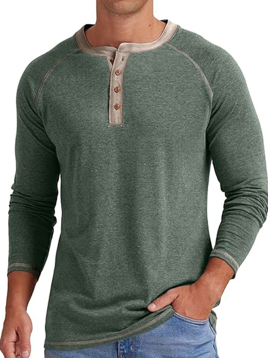 Men BXL Casual Shirts | Men'S Semi-Round Neck Casual Long-Sleeved T-Shirt Gray Green