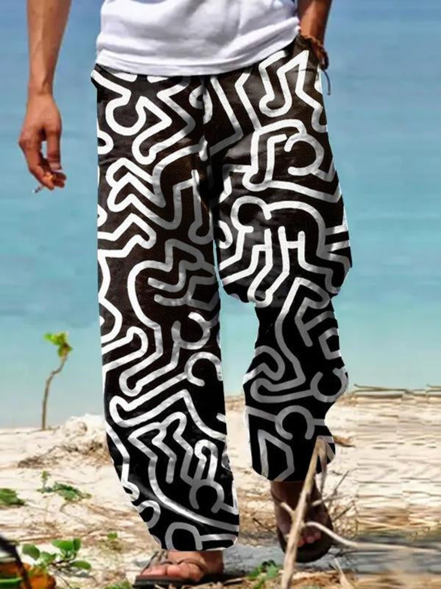 Men DJ Bottoms | Retro Pop Art Print Pocket Tie Track Pants Black