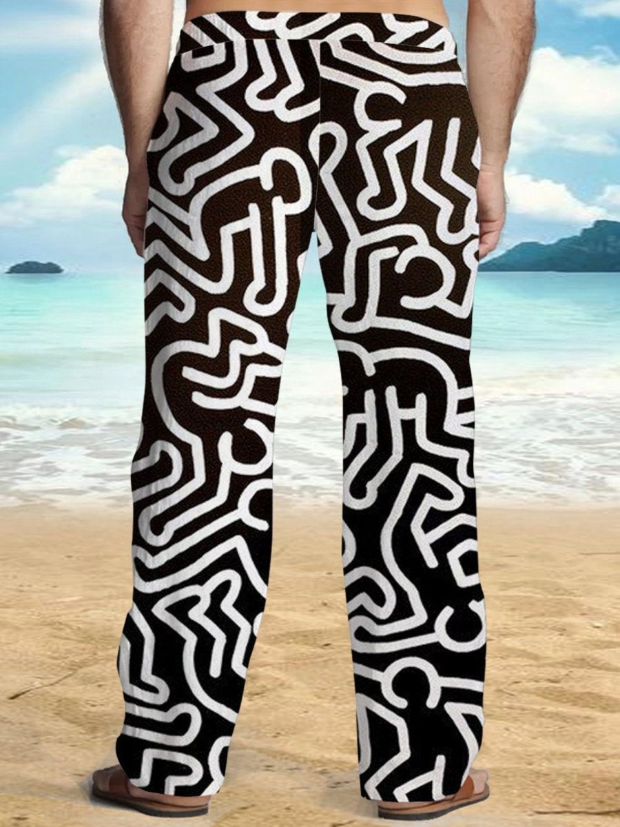 Men DJ Bottoms | Retro Pop Art Print Pocket Tie Track Pants Black