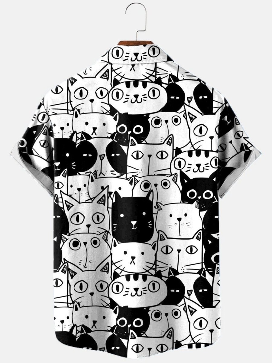 Men HLJ Shirts | Cute Hand Drawn Doodle Cat Pattern Short Sleeve Shirt White