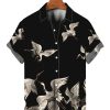 Men HWT Shirts | Vintage Hawaiian Shirts Japanese Style Crane Print Easy Care Shirts Black