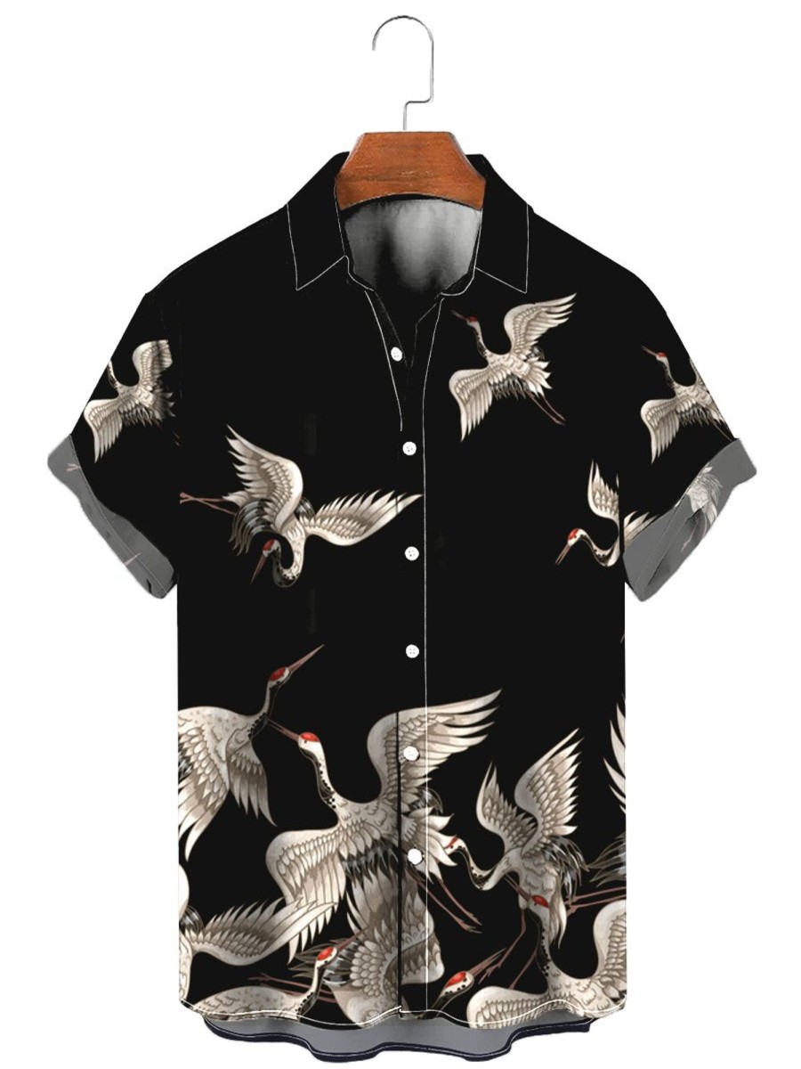 Men HWT Shirts | Vintage Hawaiian Shirts Japanese Style Crane Print Easy Care Shirts Black