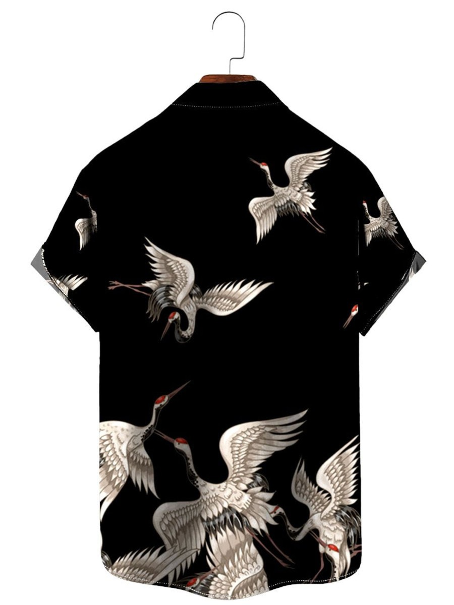 Men HWT Shirts | Vintage Hawaiian Shirts Japanese Style Crane Print Easy Care Shirts Black