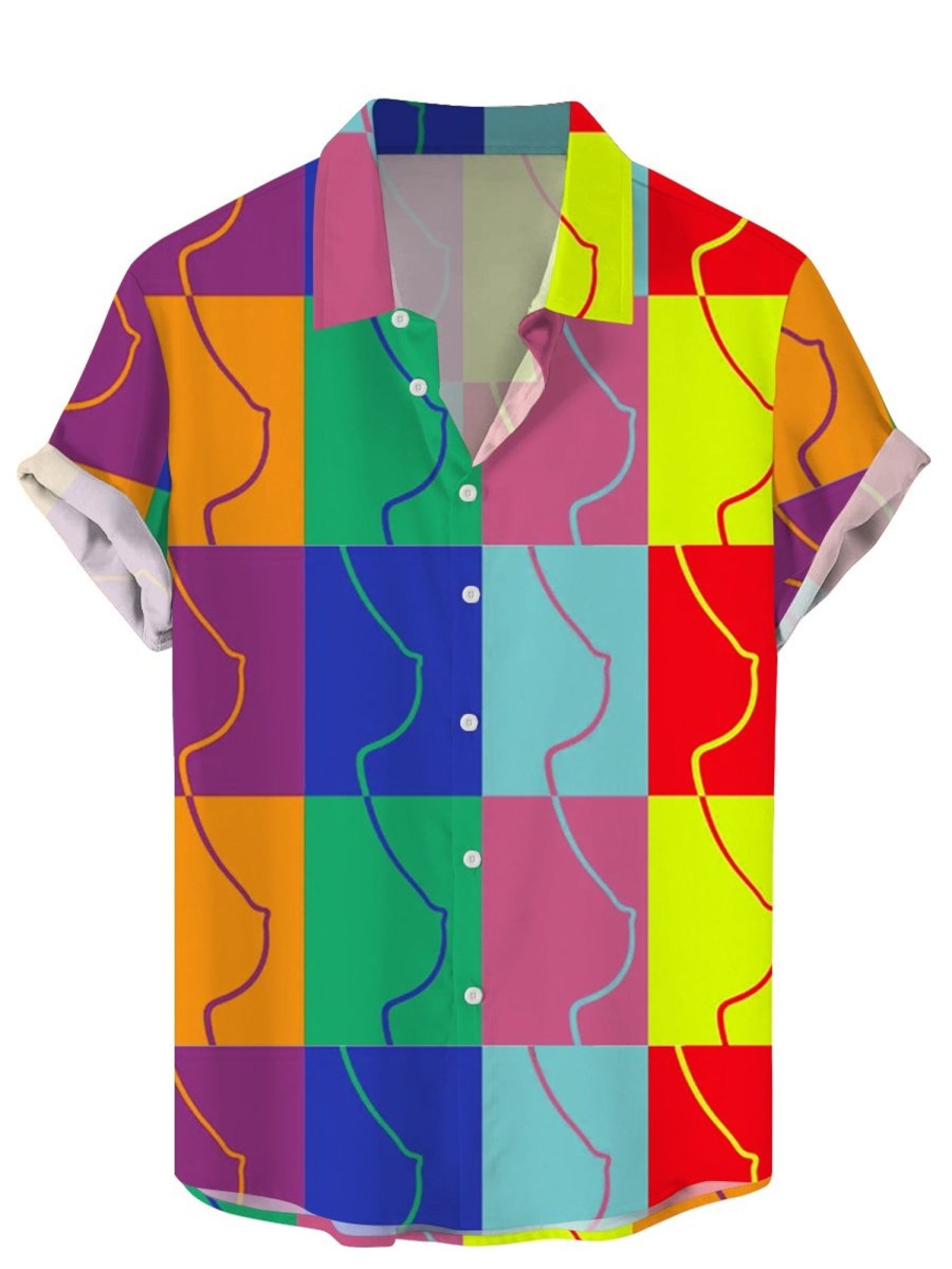 Men DJ Shirts | Rainbow Plaid And Boobs Print Casual Short-Sleeved Shirt Photo Color