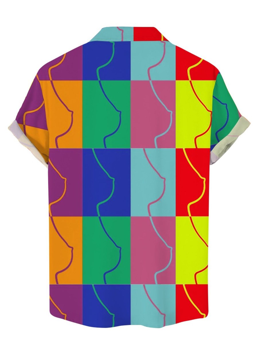 Men DJ Shirts | Rainbow Plaid And Boobs Print Casual Short-Sleeved Shirt Photo Color