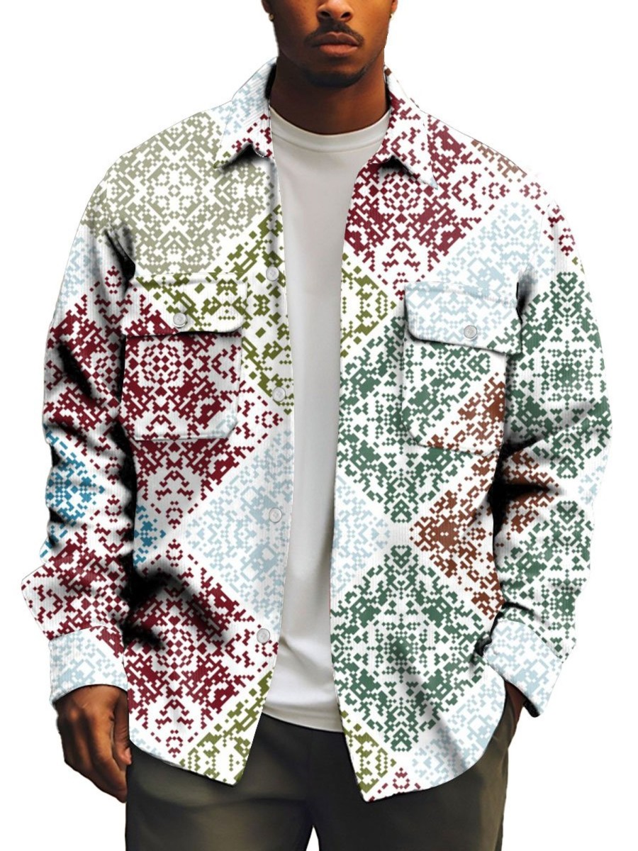 Men TH Print Jacket | Men'S Retro Irregular Colorful Print Shirt Jacket Photo Color