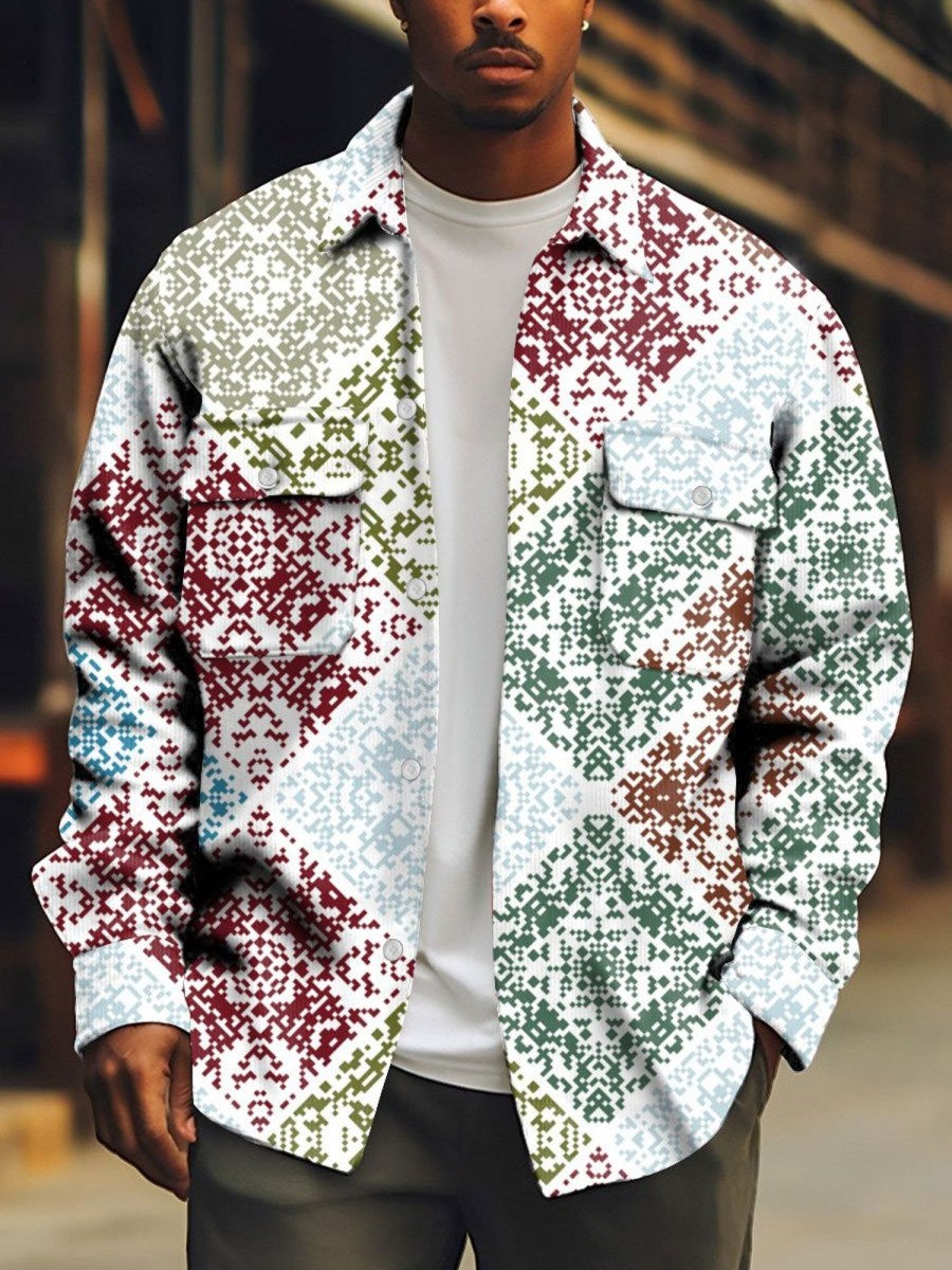 Men TH Print Jacket | Men'S Retro Irregular Colorful Print Shirt Jacket Photo Color