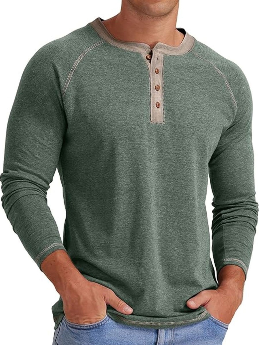 Men BXL Casual Long Sleeve Shirts | Men'S Semi-Round Neck Casual Long-Sleeved T-Shirt Gray Green