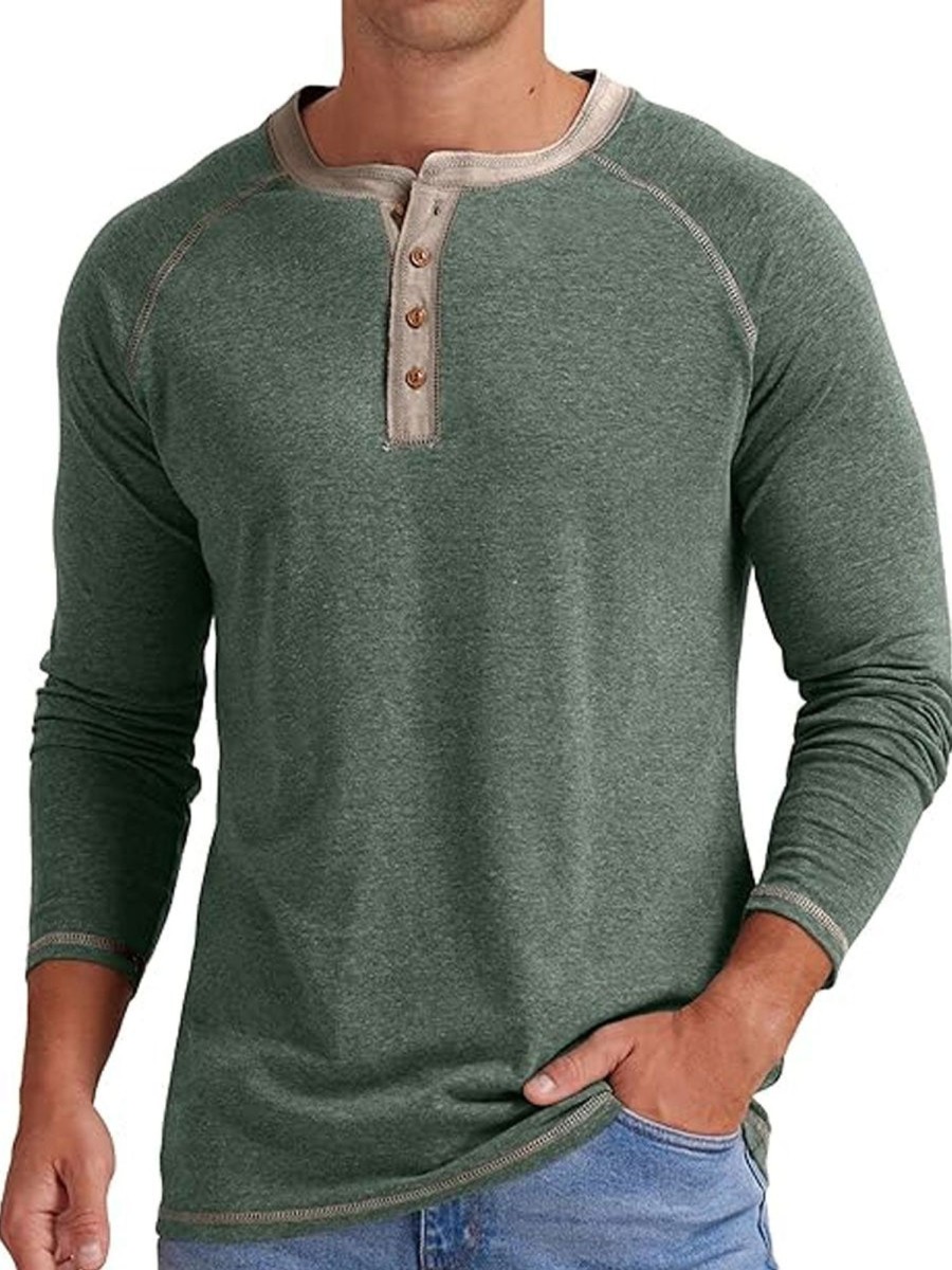 Men BXL Casual Long Sleeve Shirts | Men'S Semi-Round Neck Casual Long-Sleeved T-Shirt Gray Green