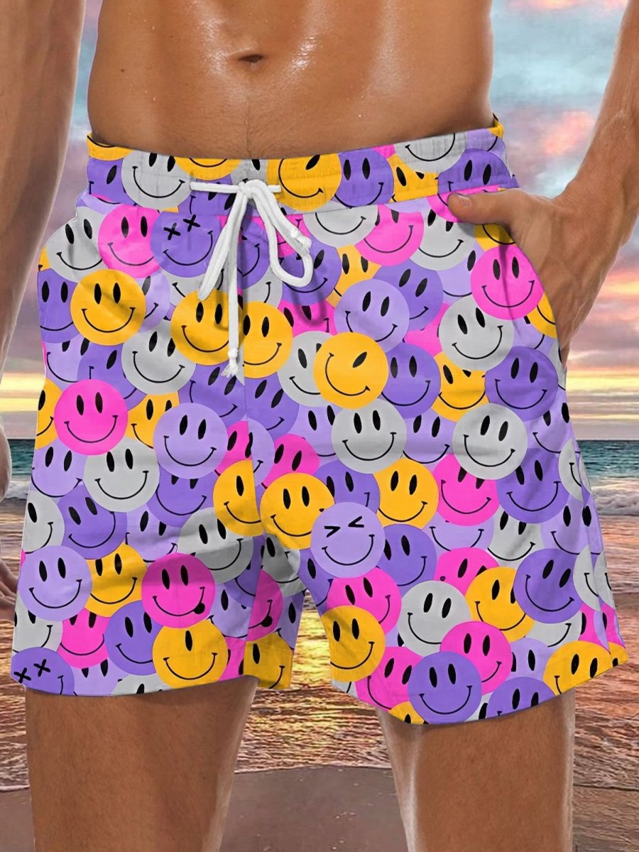 Men GYJ Bottoms | Smiley Face Print Track Shorts Purple