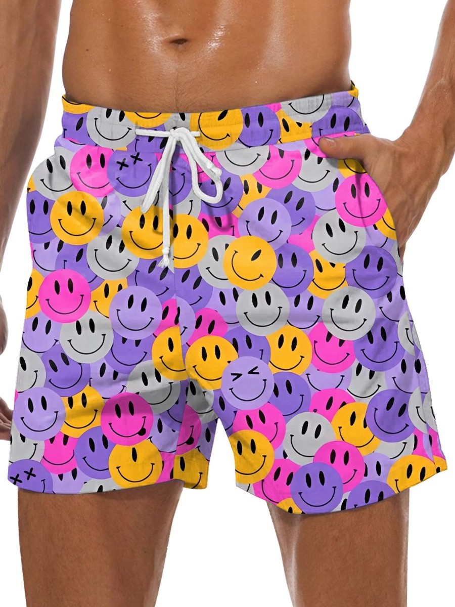 Men GYJ Bottoms | Smiley Face Print Track Shorts Purple