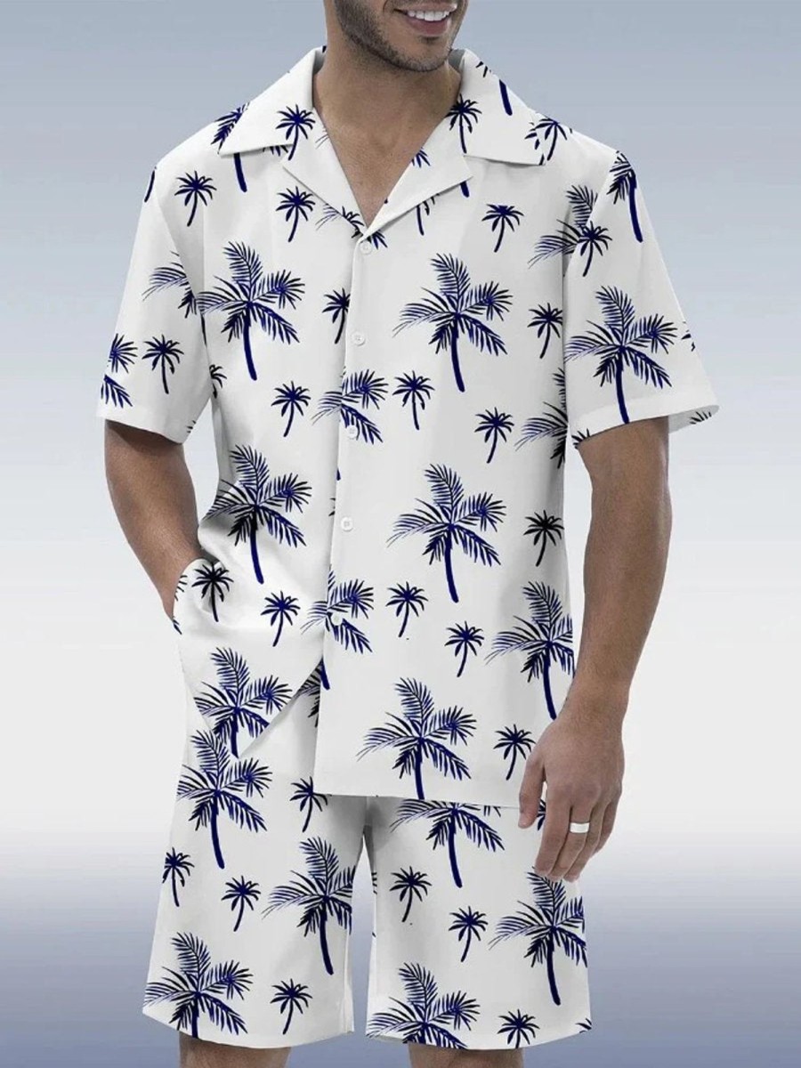 Men HLJ Set | Hawaiian Vacation Casual Coconut Tree Print Men'S Button Pocket Two-Piece Set White