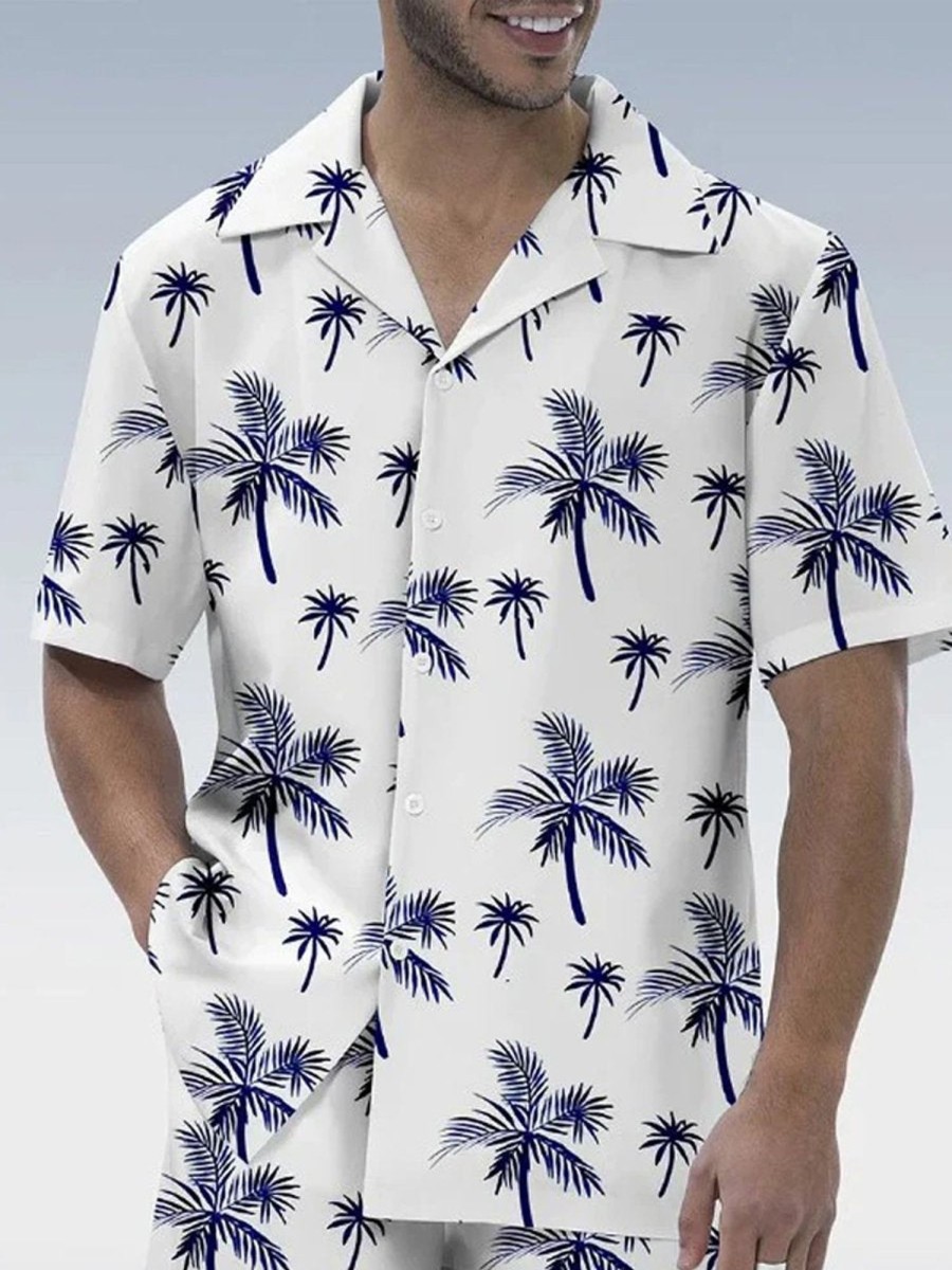 Men HLJ Set | Hawaiian Vacation Casual Coconut Tree Print Men'S Button Pocket Two-Piece Set White