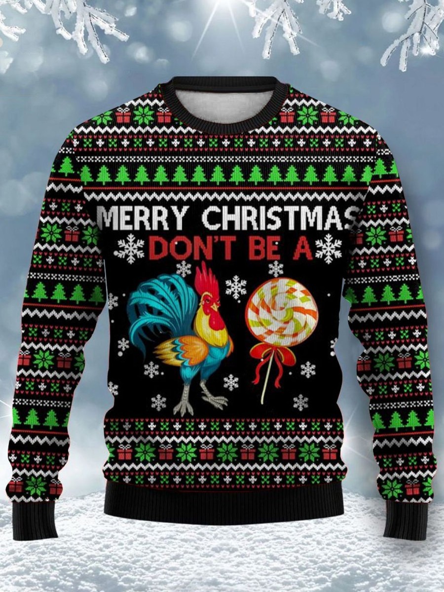 Men DJ Ugly Sweater | Merry Christmas Cock Print Crewneck Sweatshirt Photo Color