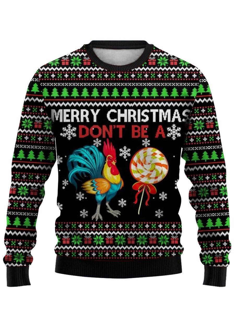 Men DJ Ugly Sweater | Merry Christmas Cock Print Crewneck Sweatshirt Photo Color