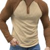 Men DJ Casual Shirts | Contrast Color Patchwork Waffle Casual Long-Sleeved Polo Shirt Khaki