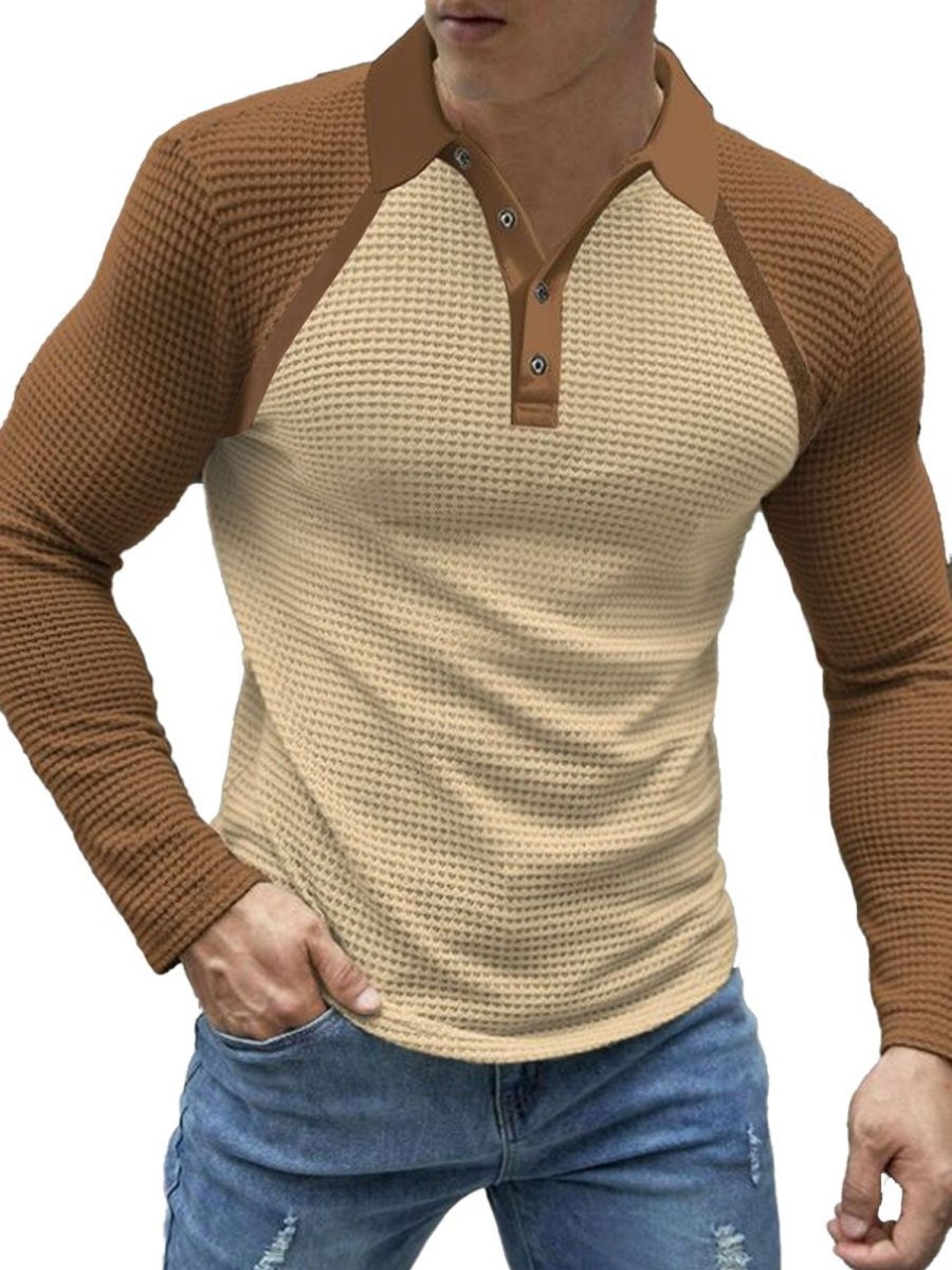 Men DJ Casual Shirts | Contrast Color Patchwork Waffle Casual Long-Sleeved Polo Shirt Khaki