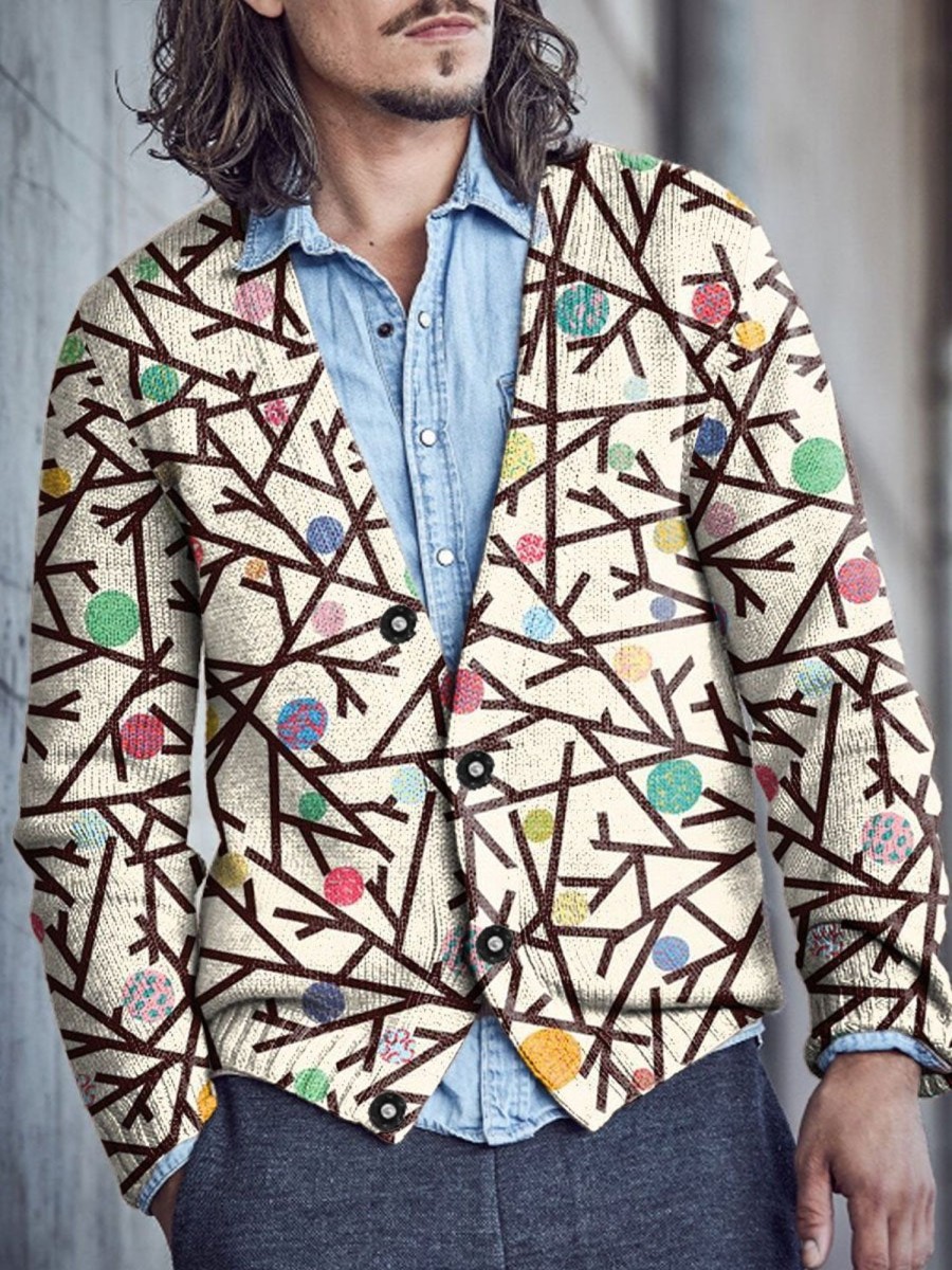 Men DJ Print Cardigan | Retro Branch Simple Drawing Printed V-Neck Knitted Cardigan Khaki