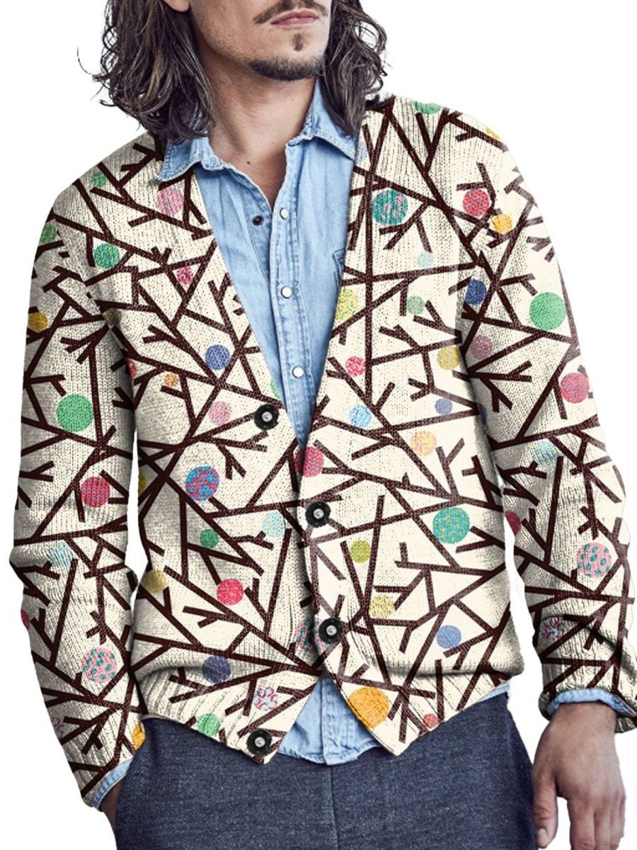 Men DJ Print Cardigan | Retro Branch Simple Drawing Printed V-Neck Knitted Cardigan Khaki