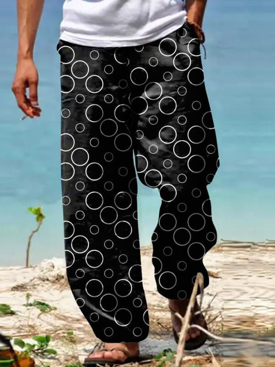 Men DJ Bottoms | And White Circle Printed Pocket Lace -Up Casual Pants Black