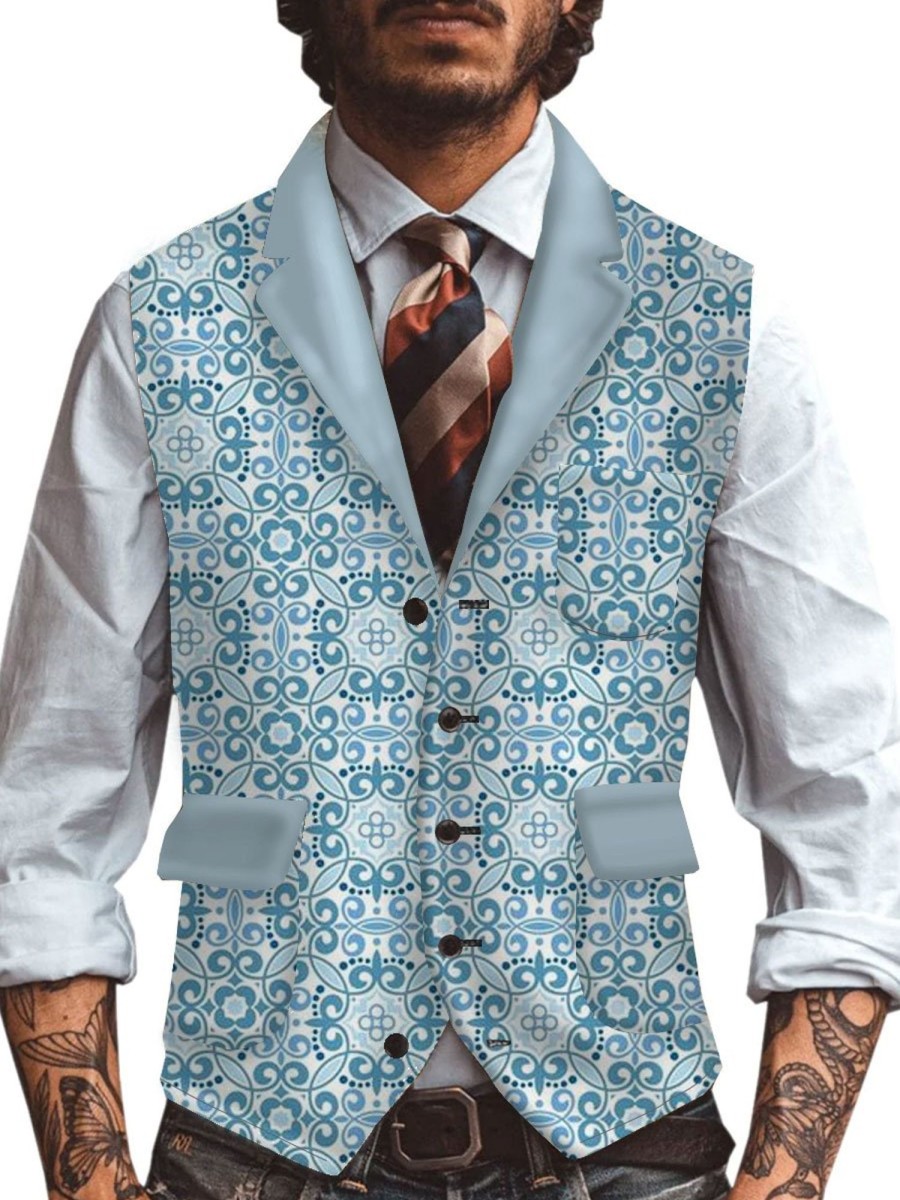 Men DJ Vest | Retro Geometric Print Three-Pocket Lapel Casual Suit Vest Blue