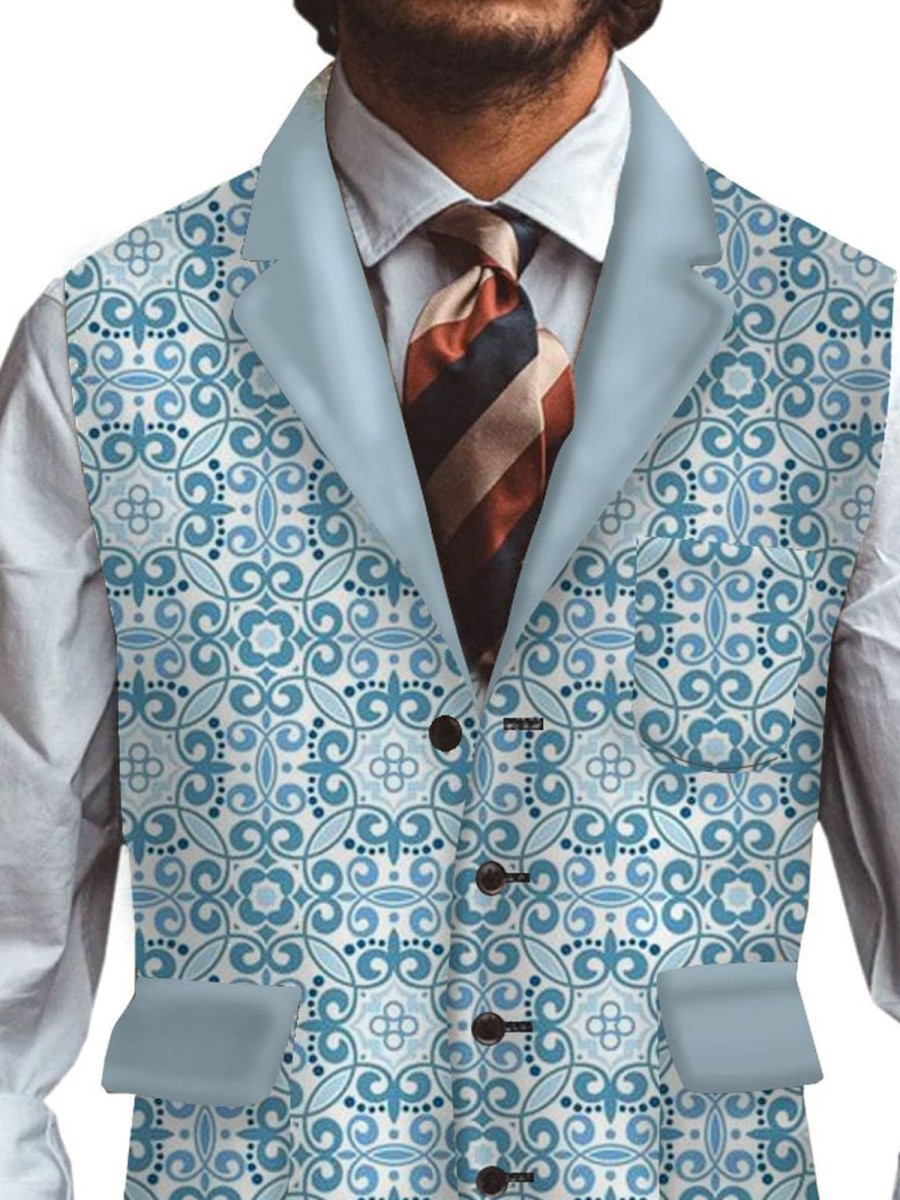 Men DJ Vest | Retro Geometric Print Three-Pocket Lapel Casual Suit Vest Blue